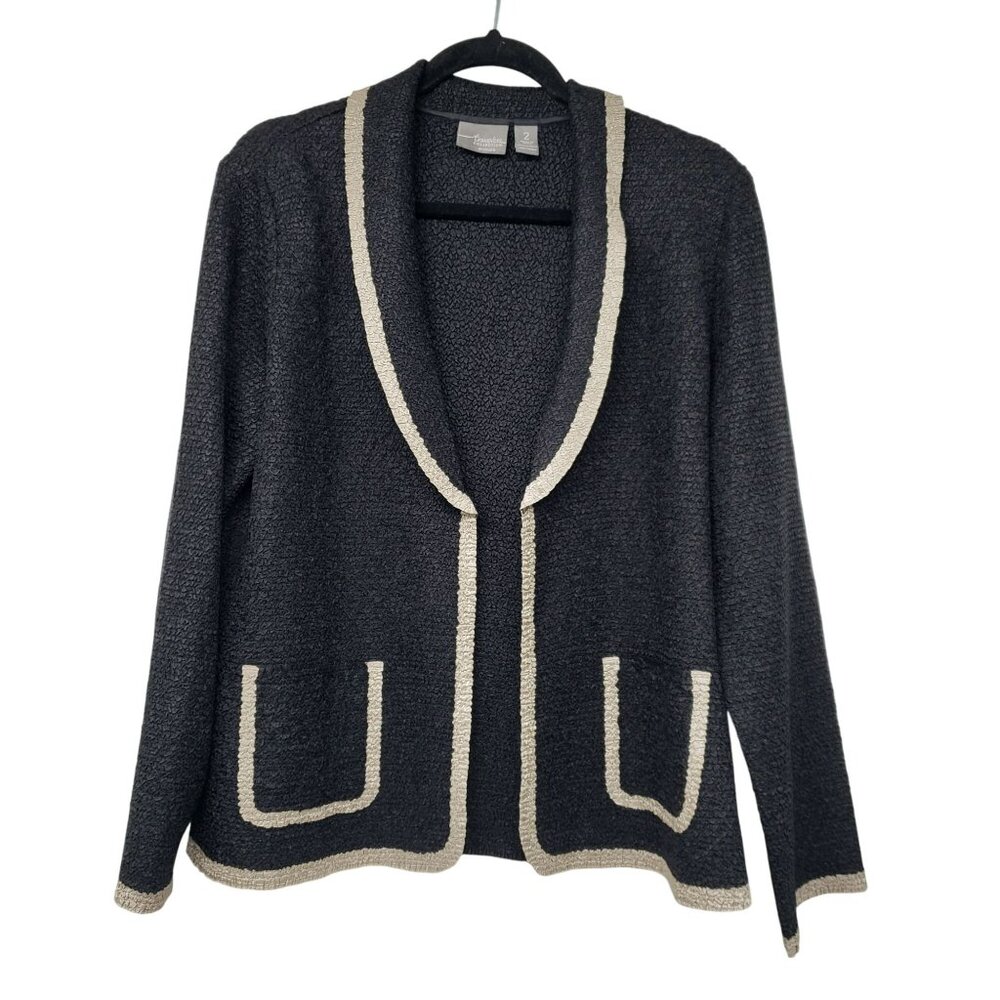Travelers by Chico's Gray Black Cream Cardigan Lightweight Jacket Crinkle Fabric